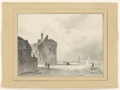 Winterlandschap met toren en figuren