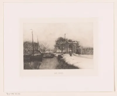 Winters landschap met kanaal, molens en bruggen