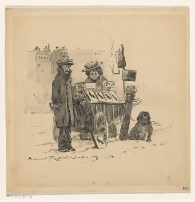 Winters straatgezicht met en man en een vrouw met een handkar