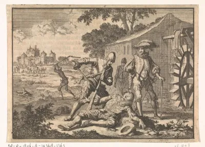 Wirich von Daun, graaf van Falkenstein, bij een watermolen door Spanjaarden vermoord,1598