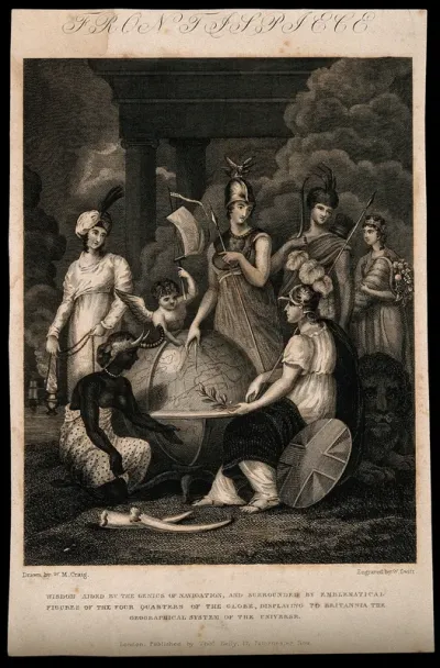 Wisdom shows Britannia the measurements of the globe; figures representing other continents stand watching