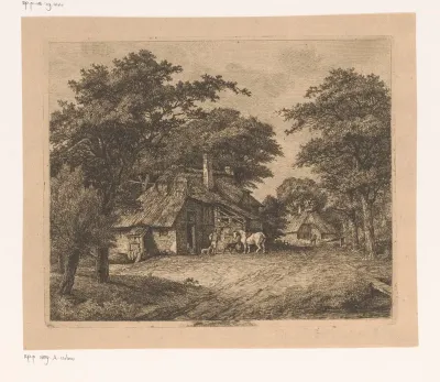 Wit paard bij een voerbak voor een boerderij