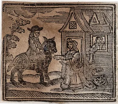 Witchcraft: a man on horseback visits a woman, while inside a house another woman points to a broken wheel