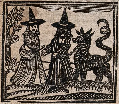Witchcraft: a white-faced witch meeting a black-faced witch with a great beast