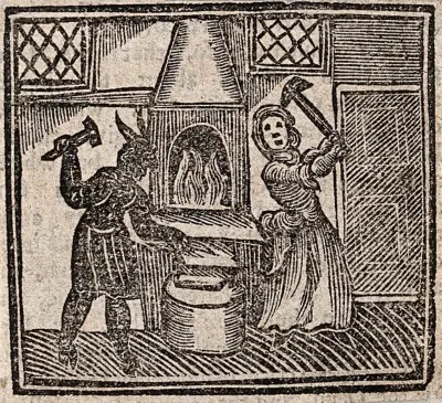 Witchcraft: a witch and a devil making a nail with which to make a boy lame