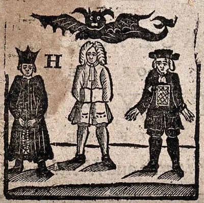 Witchcraft: Robert Hunt, with two other men, surmounted by a devil