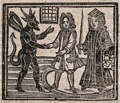 Witchcraft: the devil talking to a gentleman and a judge (?) in a circle