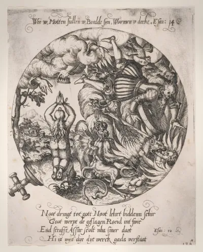 Woe to you, Maggots will be in your bed, and worms your coverlet (Isaiah 14:11), plate 4 from a series of Four Allegories of the Netherlands