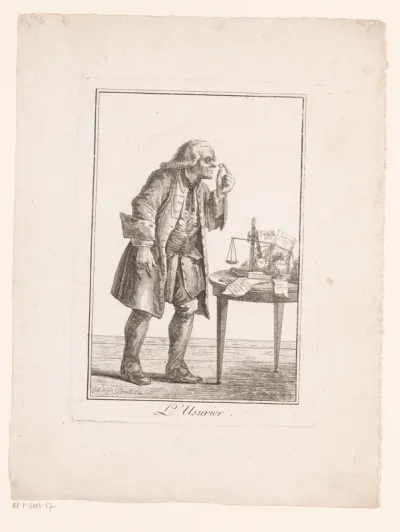 Woekeraar met bril voor een tafel met geld en een weegschaal