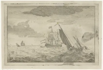Woelige zee met een driemaster