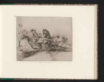 Wolf omringd door geknielde figuren schrijft op een rol