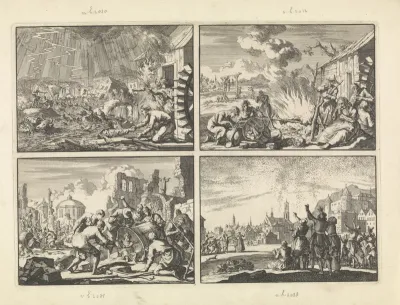 Wolkbreuk en overstroming te Bretzhofen in Frankenland, 1627 / Hongersnood in Duitsland, 1637 / Aardbeving te San Severo op Sicilië, 1627 / Plein te Cork waar de bewoners kijken naar de duizenden spreeuwen in de lucht, 1621