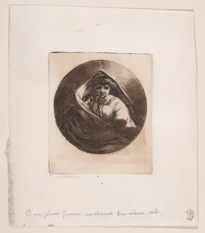Woman and child seated, wrapped in a veil