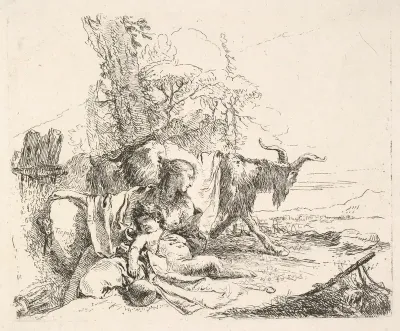Woman and infant satyr in a landscape, the woman twisting to look over her left shoulder, a horned goat striding toward the background, from "The Capricci"