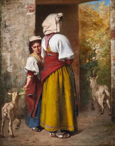 Woman and young girl with goats at a doorway
