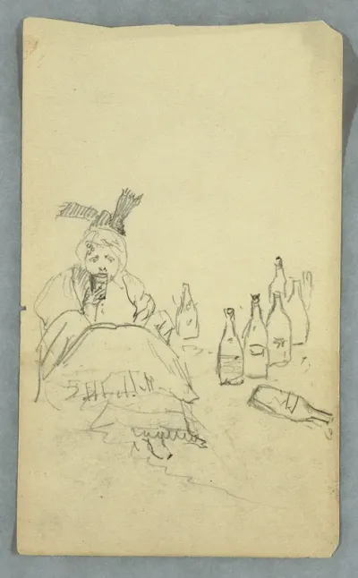 Woman drinking, wine bottles, recto; Shopping List for Mount Katahdin Climb, verso, Fall 1878?