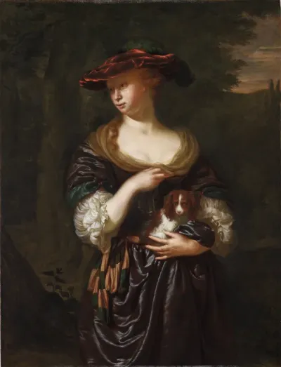 Woman Holding a Dog in a Landscape