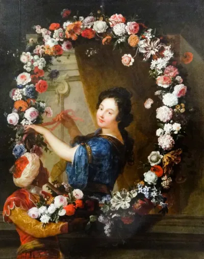 Woman in a garland of flowers forming a medallion