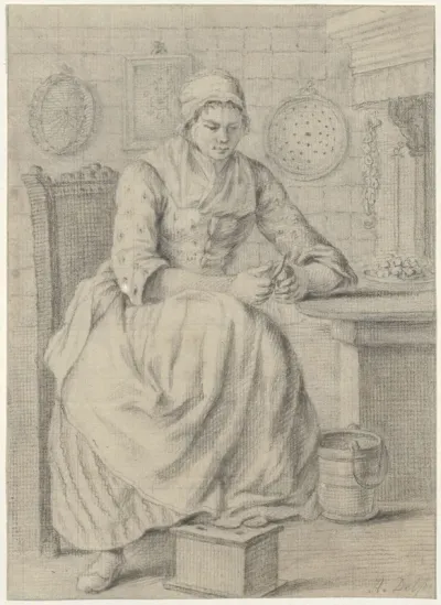 Woman in a kitchen, peeling vegetables