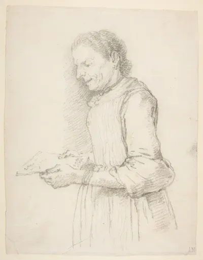 Woman in Half-Length, Profile View Facing Left and Reading a Piece of Paper Signed "Catarina"