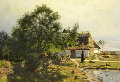 Woman knitting near a farmhouse.