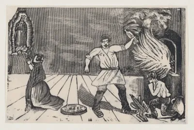 Woman praying to the Virgin of Guadalupe as her husband rages