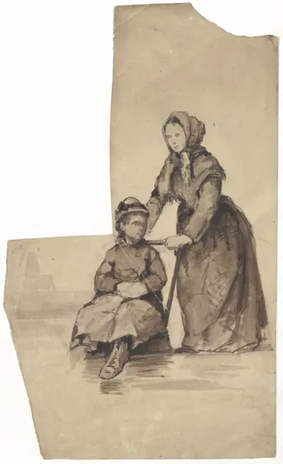 Woman pushing a girl on a sledge (verso: sketch of the same theme)