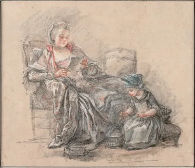 Woman Reading and a Girl Playing