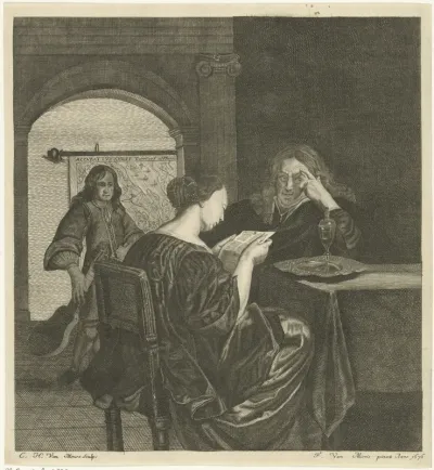 Woman reading and a man seated at a table