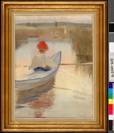Woman Rowing, Wearing a Red Hat