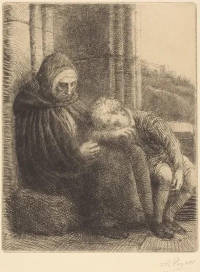 Woman Seated against a Wall, Child with His Head in Her Lap (Femme assise, muraille au fond, enfant la tete dans son giron