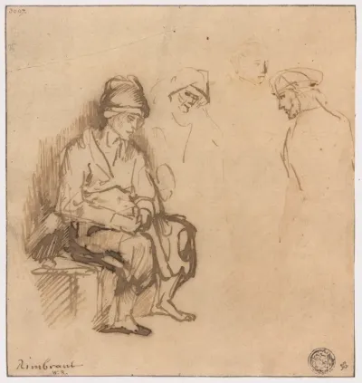 Woman Seated on Bench and Three Sketches of Heads
