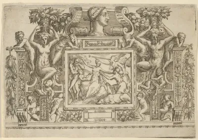 Woman seated with arms outstretched, personification of Fame with trumpet at right, set within an elaborate frame