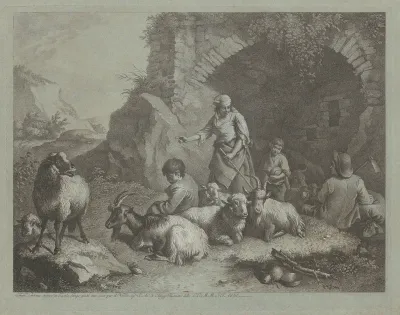 Woman, Shepherd Boys, and  Sheep near an Arch
