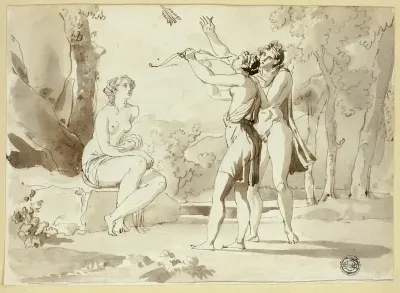 Woman Shooting an Arrow, with Two Companions