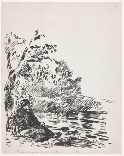Woman Sitting by a Pond
