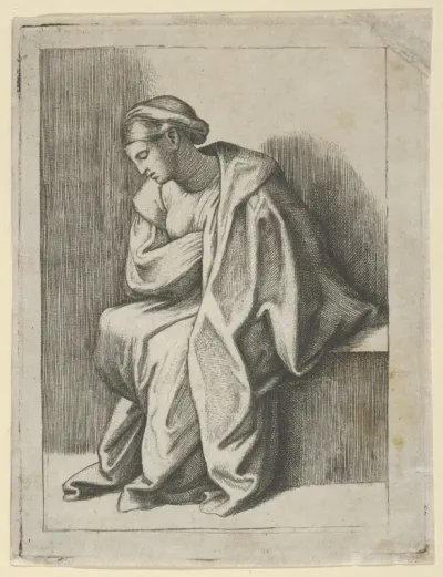 Woman sitting with her head turned downwards to her right and eyes closed