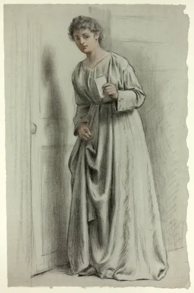 Woman Standing Near Door, Holding Letter