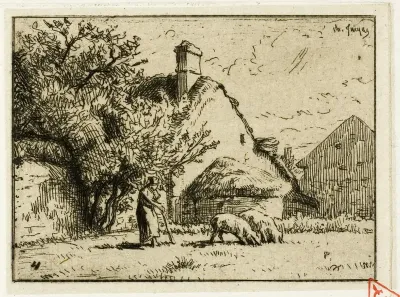 Woman Tending Two Pigs