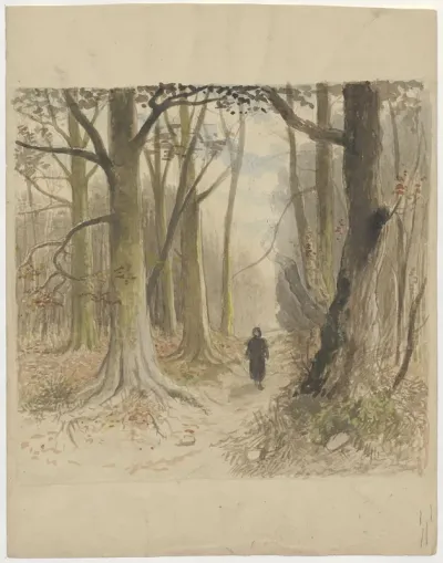 Woman walking through a forest in autumn (verso: woman doing laundry in front of the house)