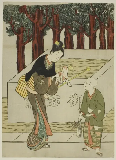 Woman Washing Her Hands before Entering a Shrine