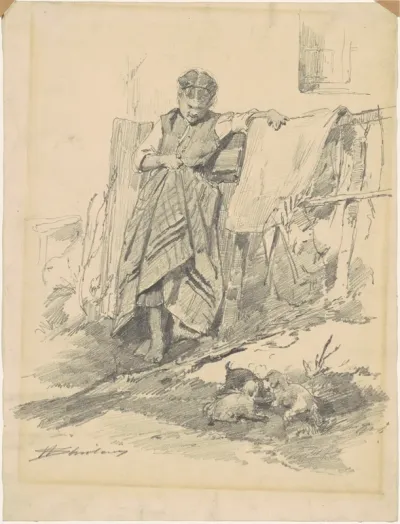 Woman Watching Puppies