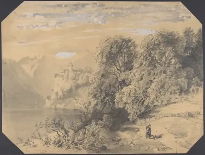 Woman with a dog by a mountain lake