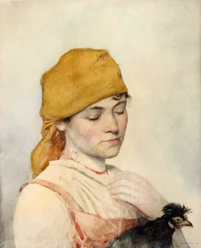 Woman with a hen.