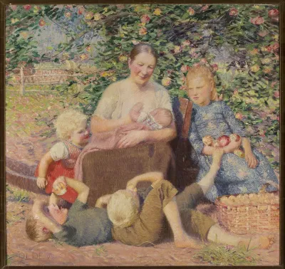 Woman with children under the apple tree (Motherhood).