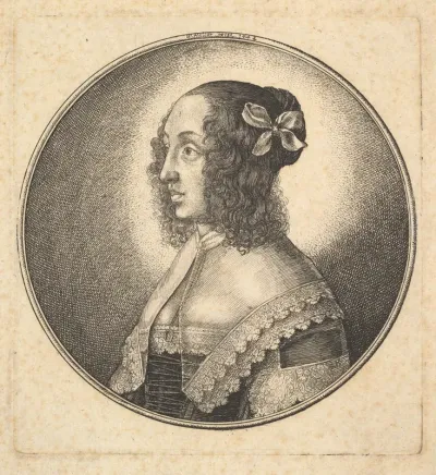 Woman with dark hair and a bow in profile to the left
