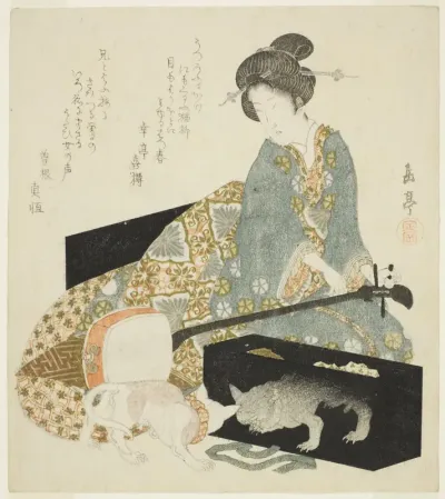 Woman with Shamisen and Cat