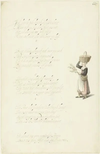 Woman with Two Baskets of Fruit and a Cherry Branch