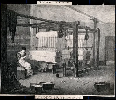 Women and children are working at large cotton looms