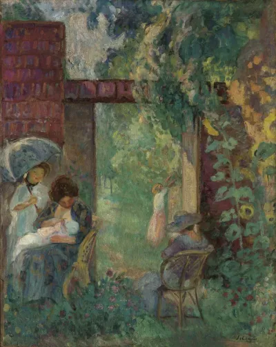 Women and children in a garden in summer